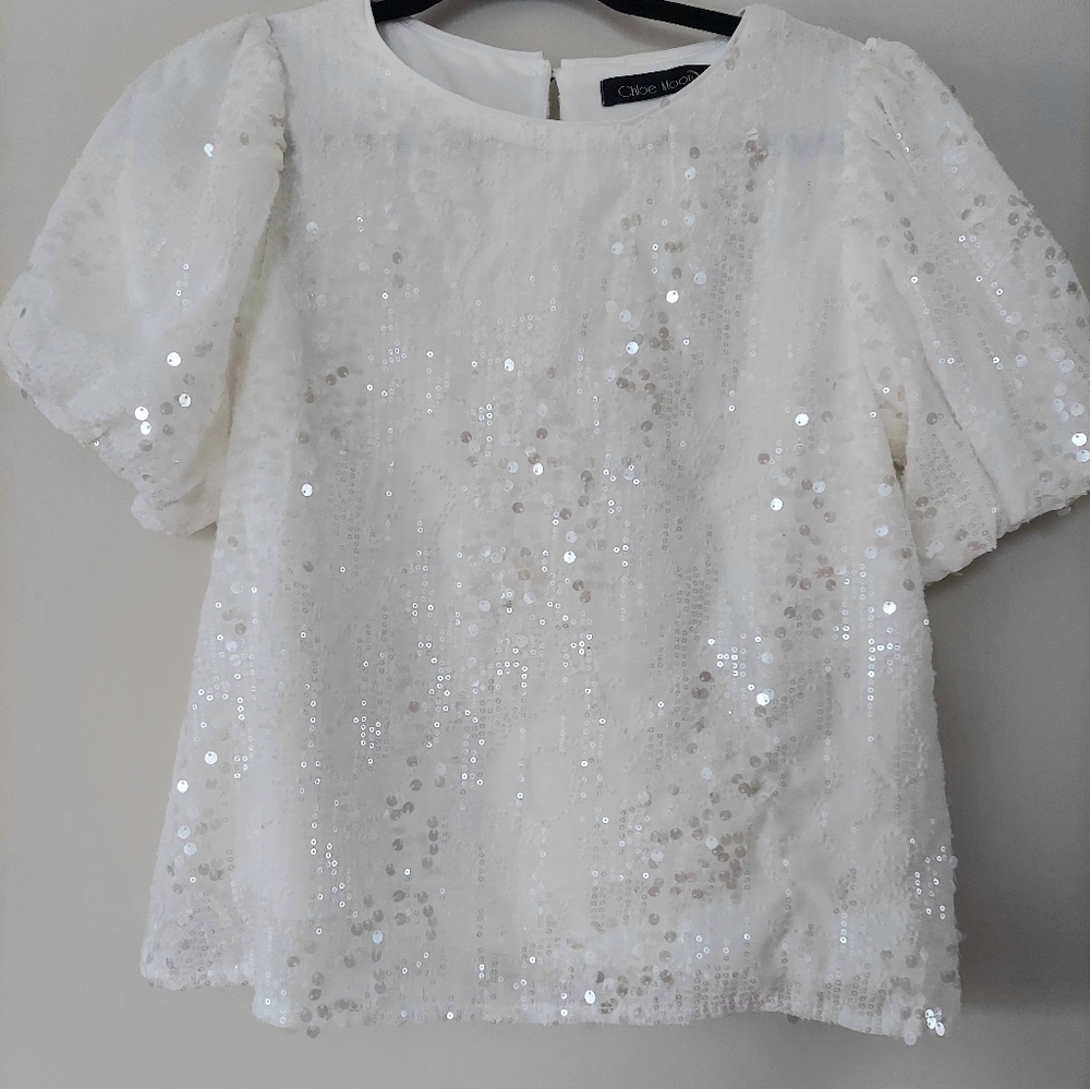 Women Sequin Puff Sleeve White Top Small Chloe Moon
